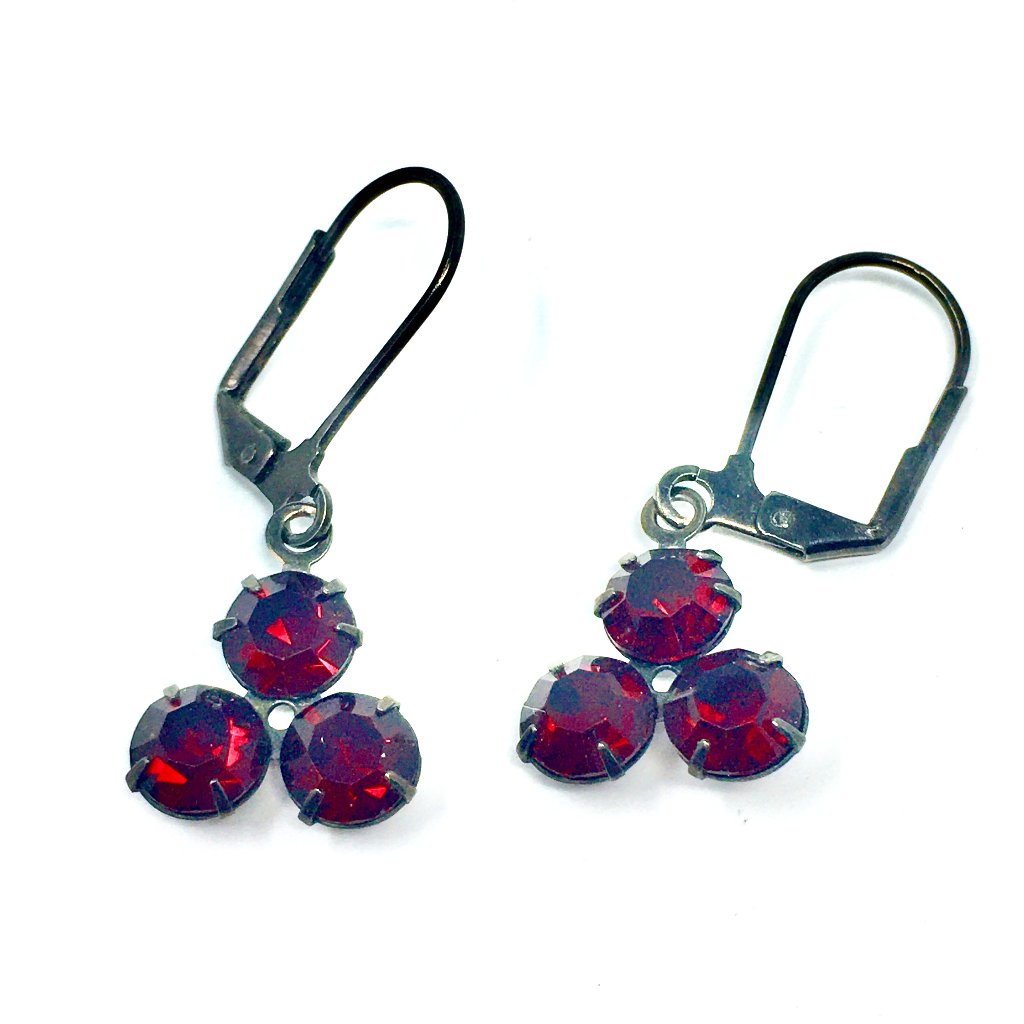 Ruby Red Three Rhinestone Triangular Drop Earrings